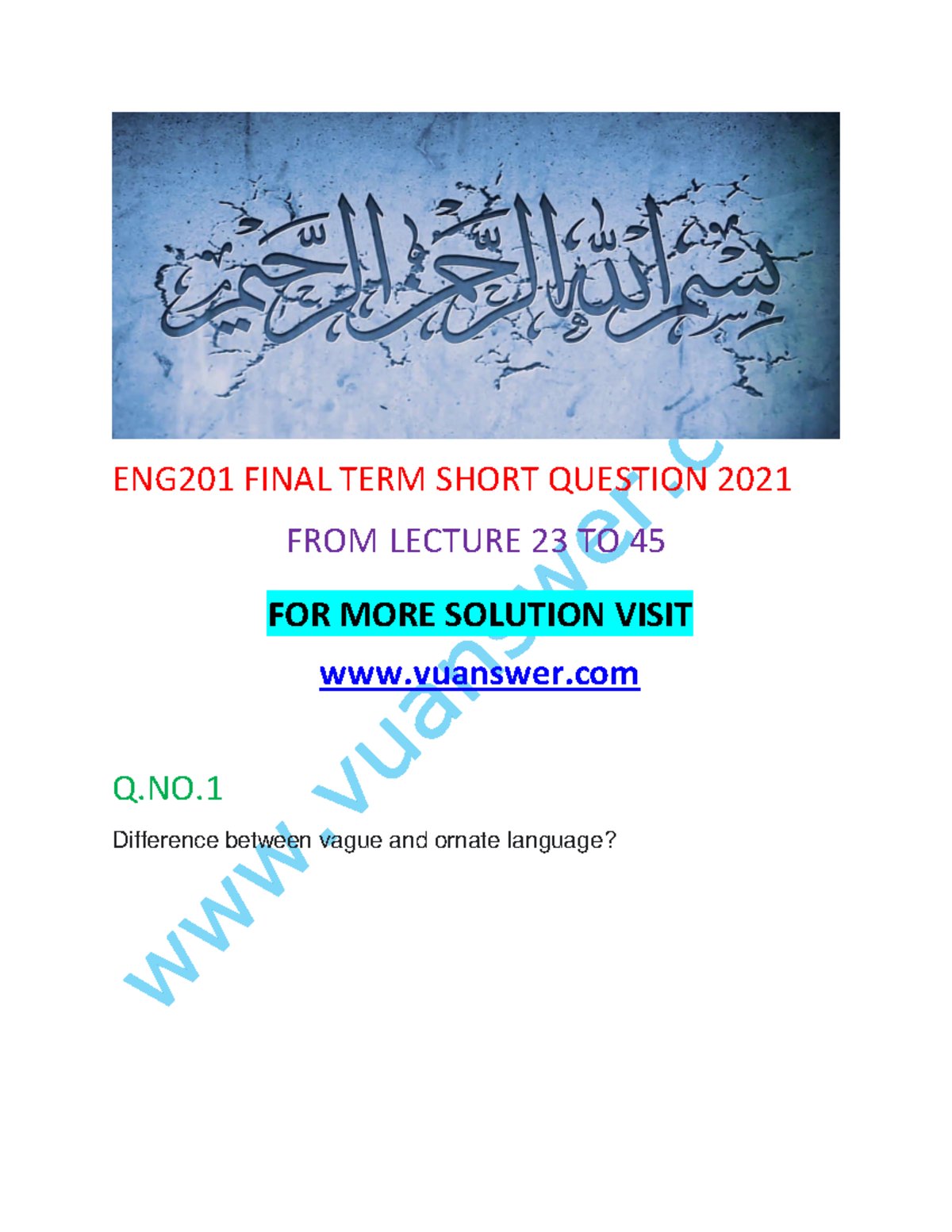 ENG201 Final TERM Short Question 2021 (VUanswer - ENG201 FINAL TERM ...