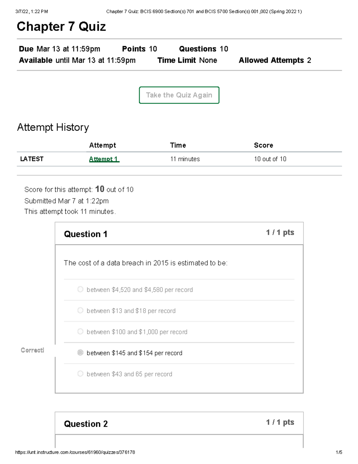 Chapter 7 Q1 - Quiz - Chapter 7 Quiz Due Mar 13 At 11:59pm Points 10 ...