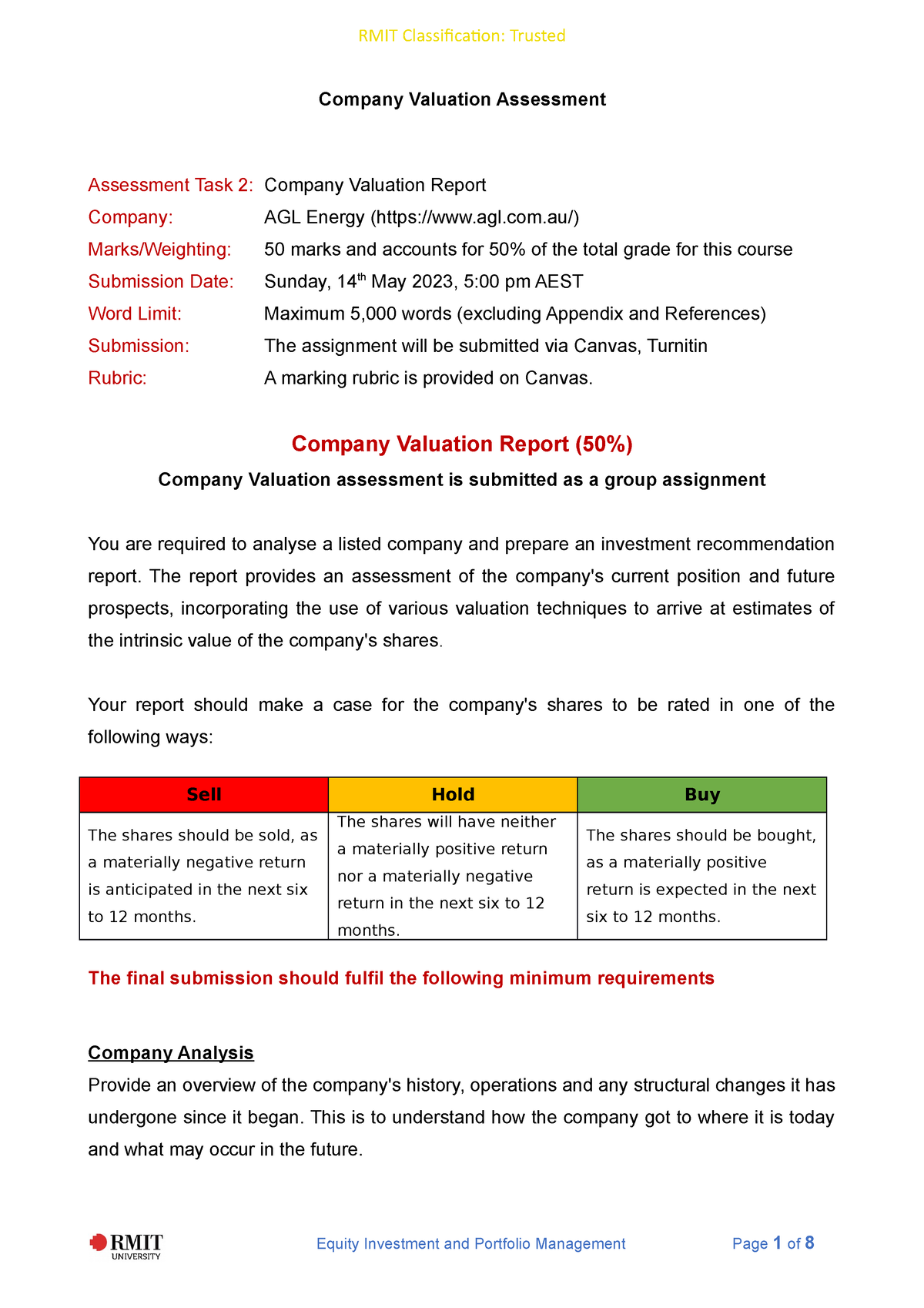 Company Valuation Assignment AGL Company Valuation Assessment