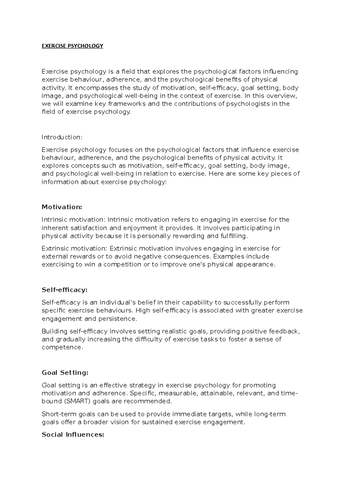 Exerc Psych Studocu EXERCISE PSYCHOLOGY Exercise psychology is a