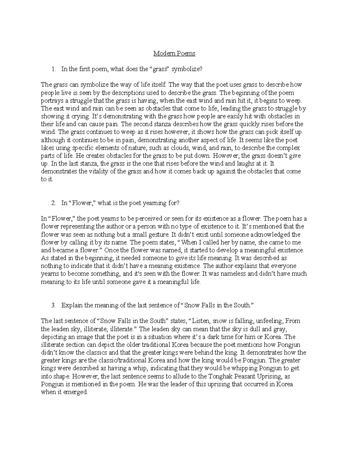 Modern Poems Assignment Modern Poems In the first poem, what does