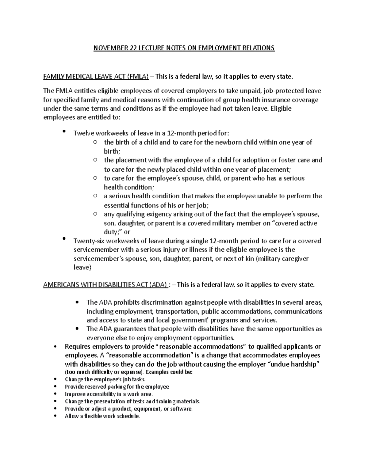 November 22 Lecture Notes ON Employment Relations - NOVEMBER 22 LECTURE ...