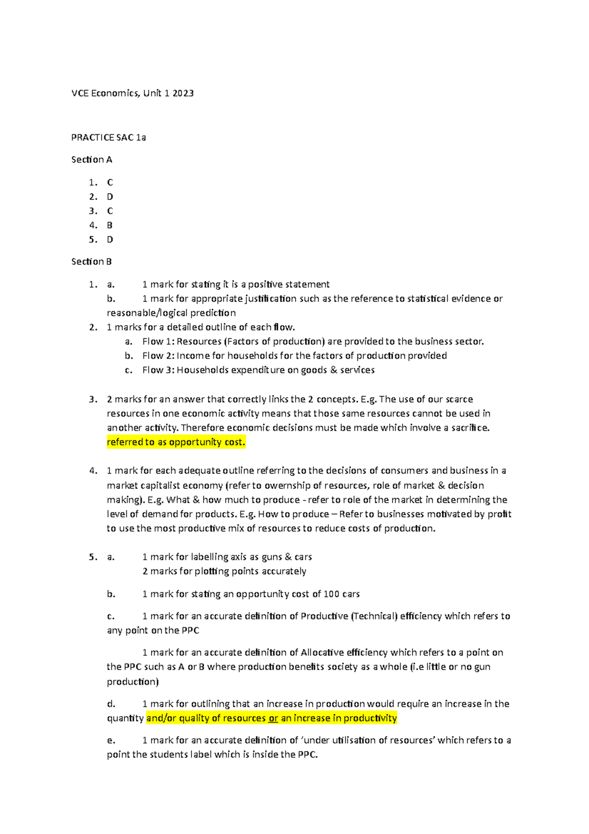 Practice SAC 1a Unit 1 Eco 2023 Marking Guide - VCE Economics, Unit 1 ...