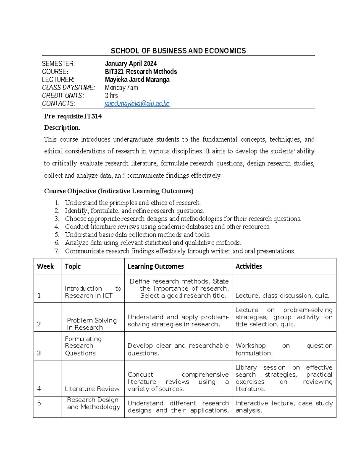 business research methods course outline