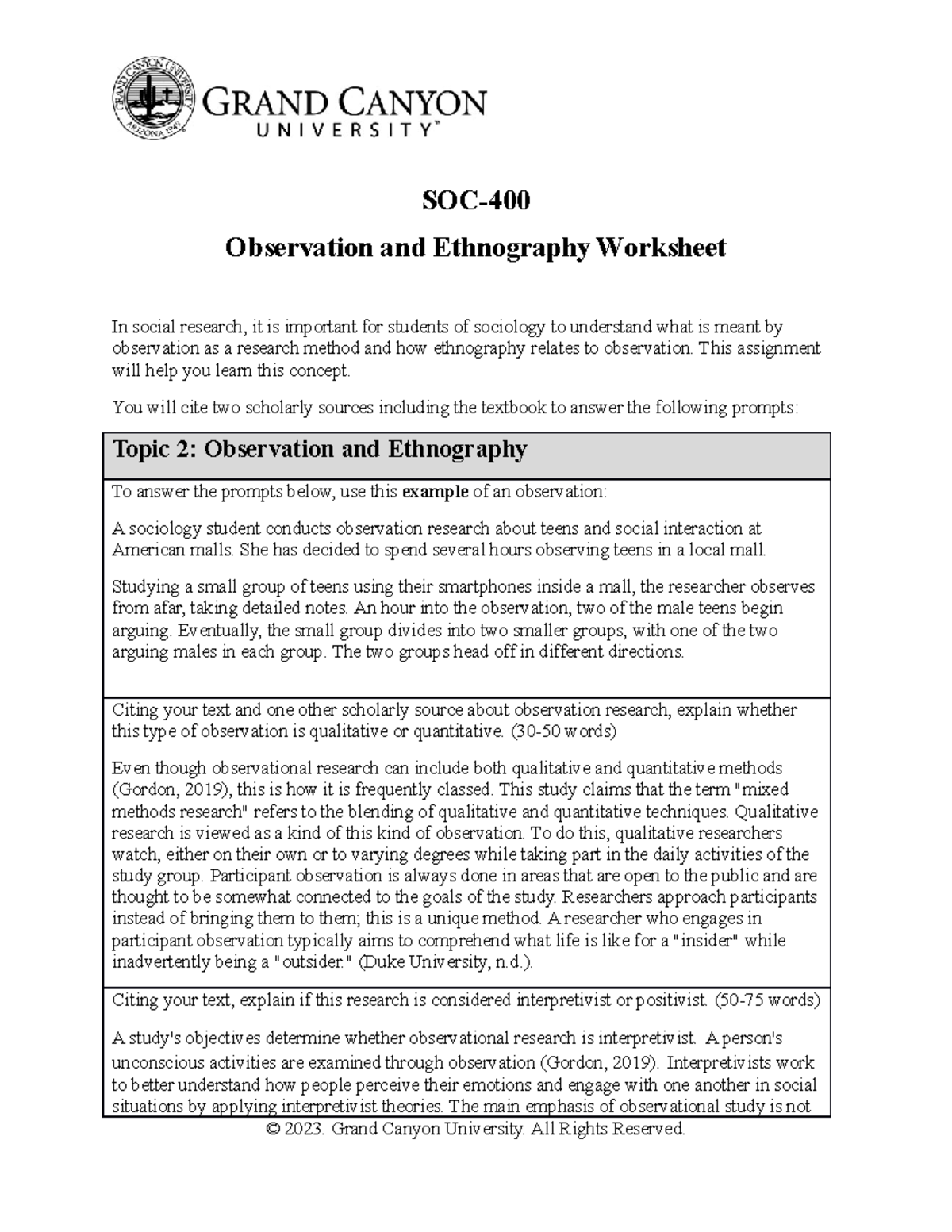 SOC-400 Observation and Ethnography Worksheet - SOC- Observation and ...