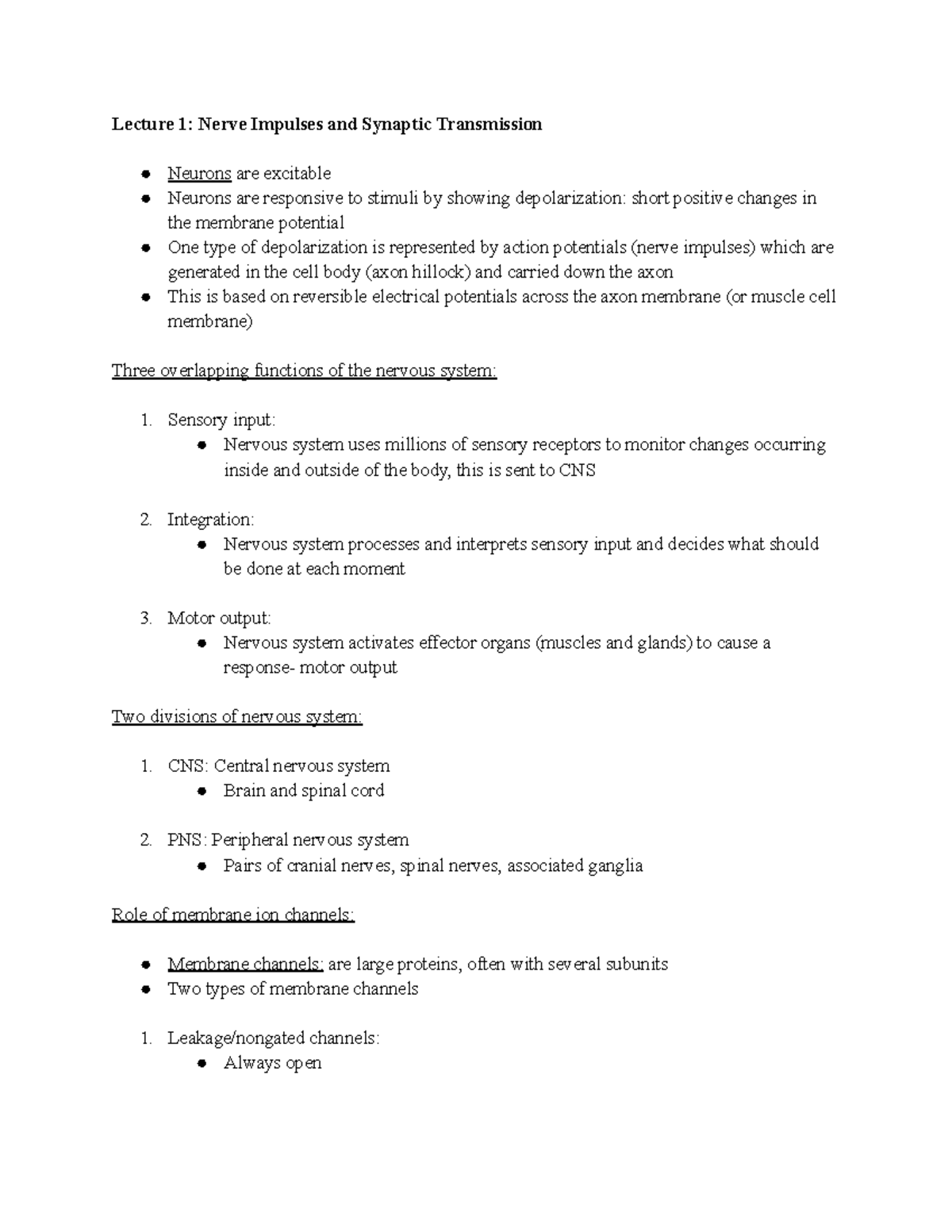 ANP 1106 Final Notes - Lecture 1: Nerve Impulses and Synaptic ...