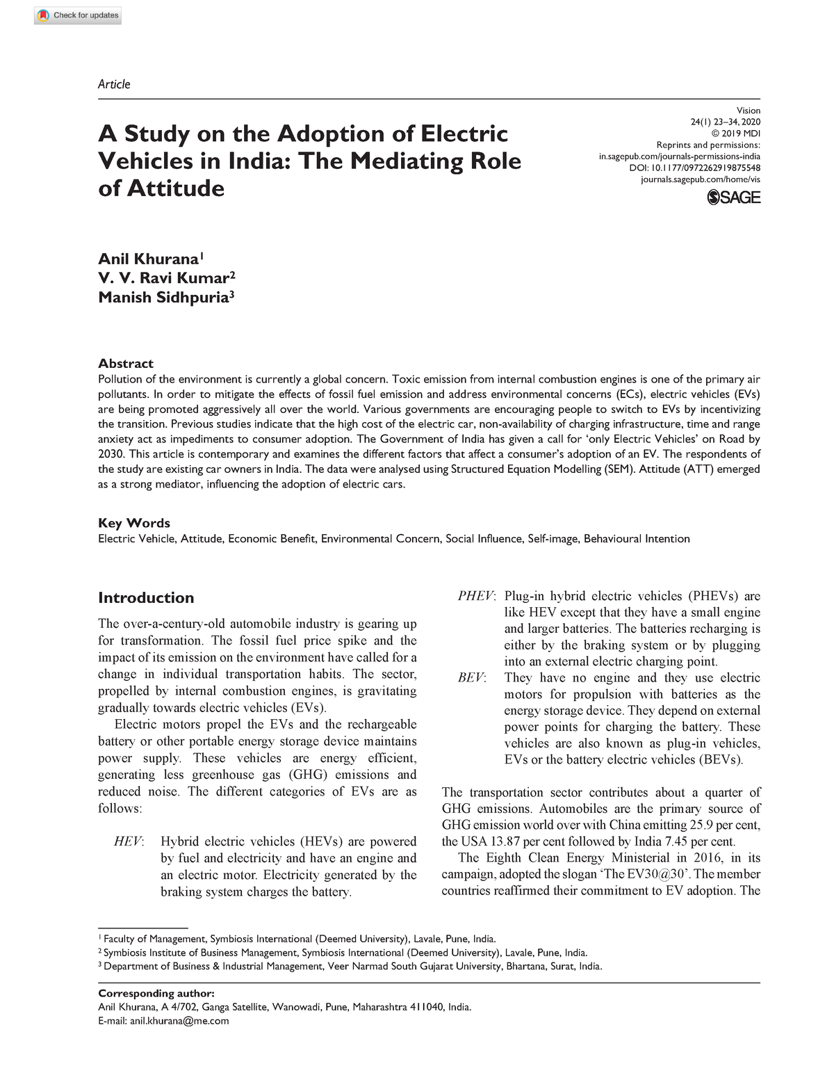 adoption of electric vehicles in india research paper