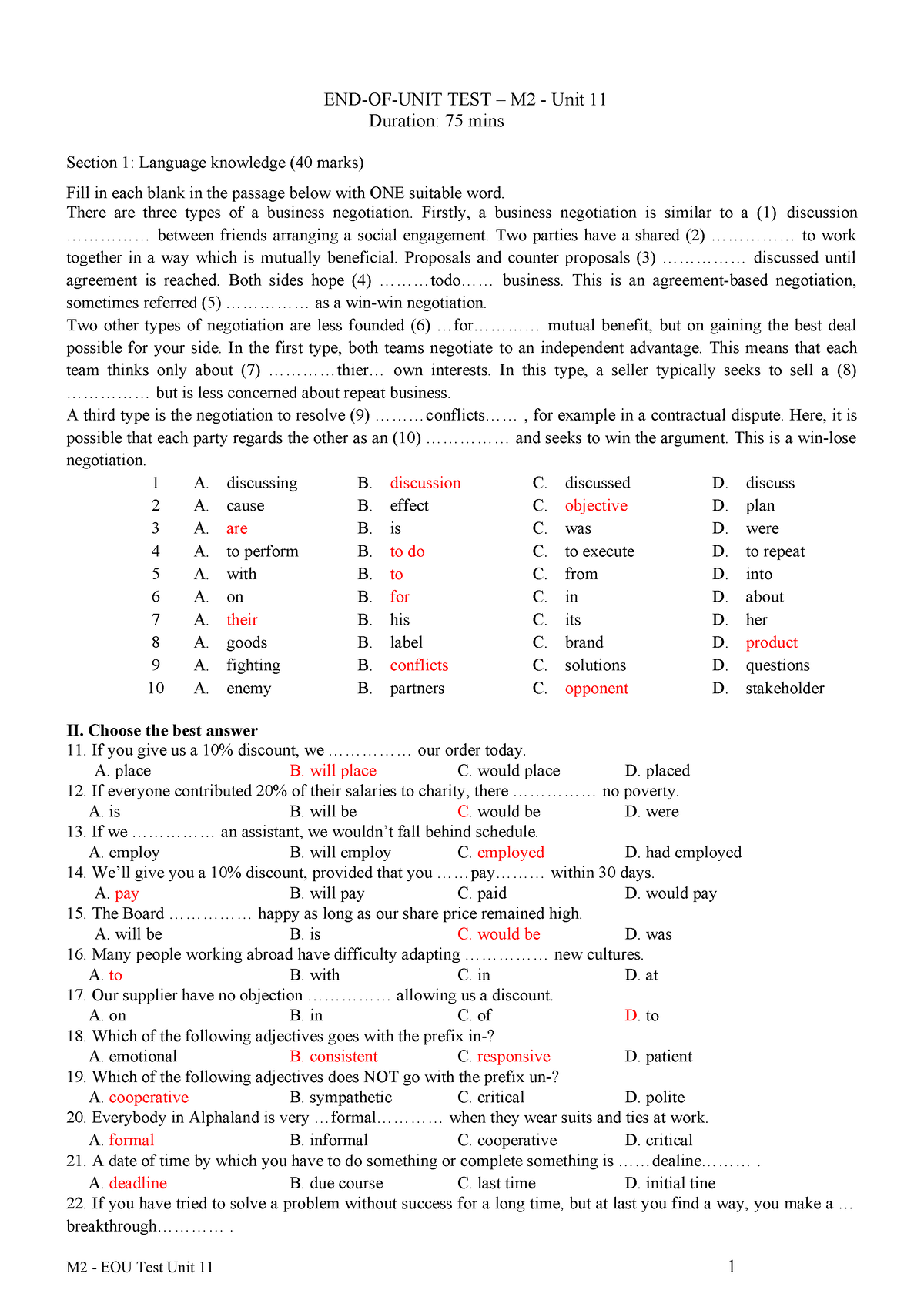 HP2.EOU TEST U11 Pre Inter - END-OF-UNIT TEST – M2 - Unit 11 Duration ...