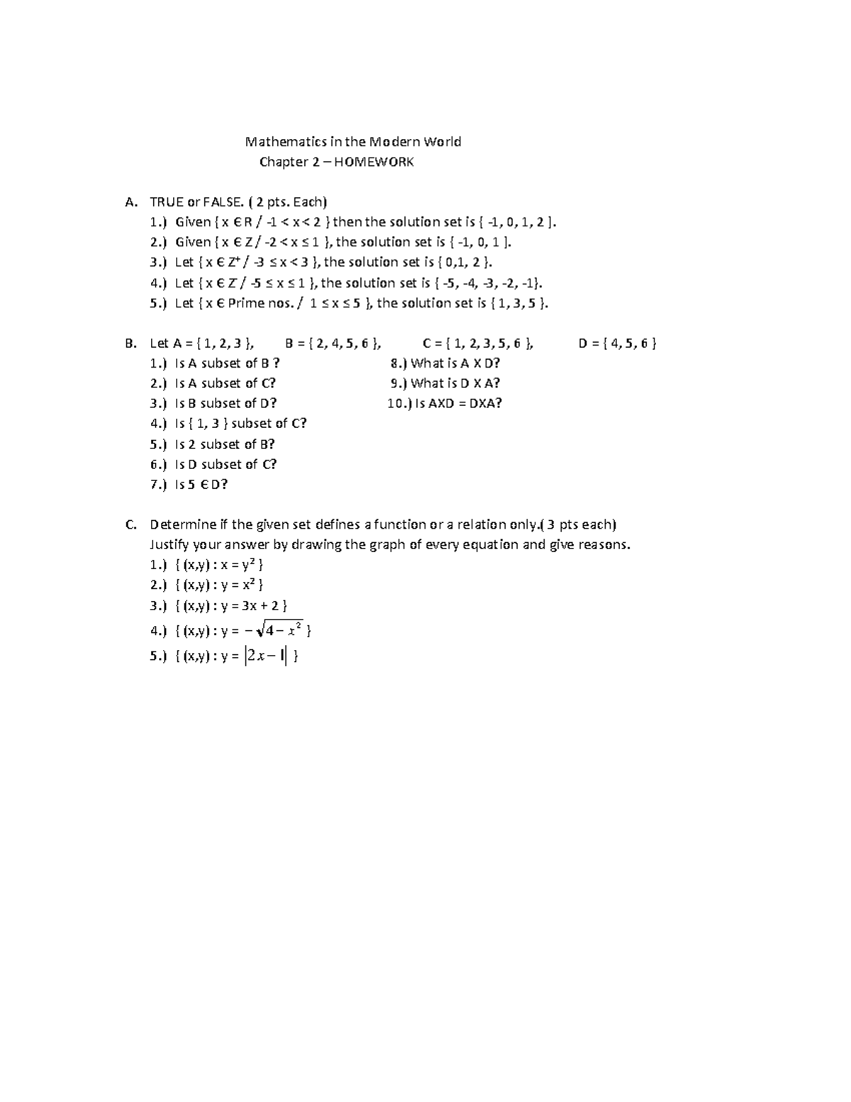 Homework for Chapter 2 in MMW - Mathematics in the Modern World Chapter ...