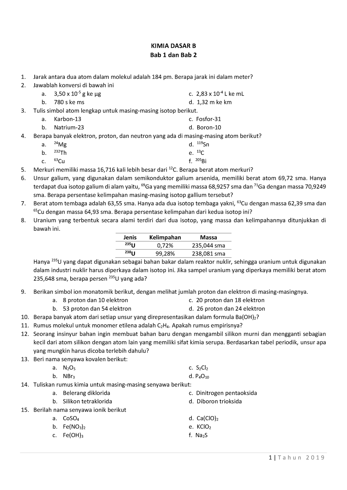 Latihan Kidas B 1 2 - 1 | T A H U N 2 0 1 9 KIMIA DASAR B Bab 1 Dan Bab ...