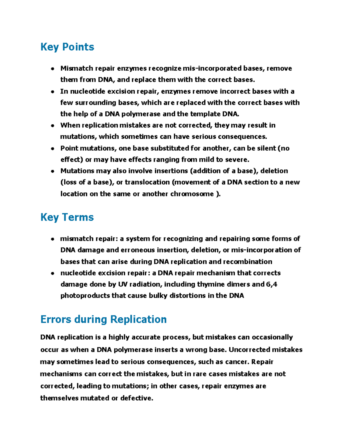 Key Points Mismatch repair enzymes recognize mis ... Biology Diagrams