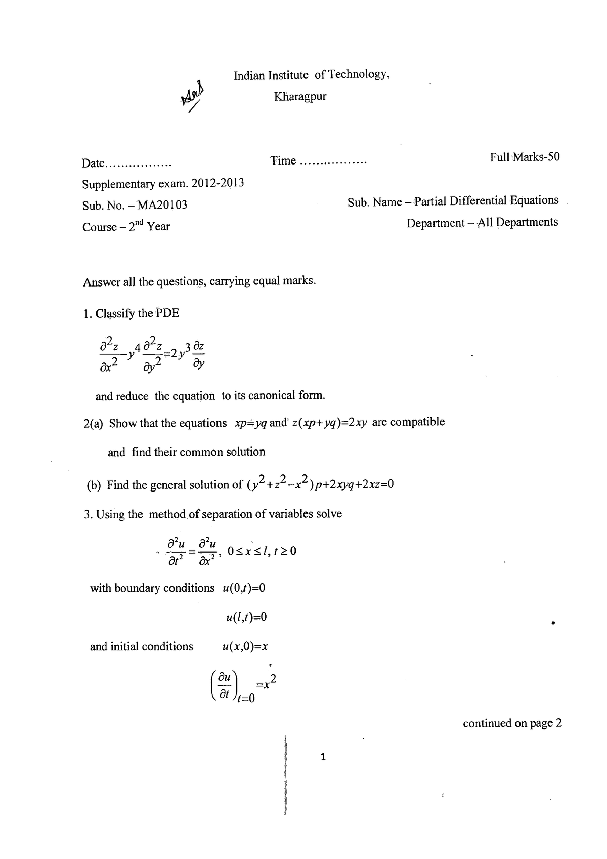 12 Supli End Partial Differential Equation Question Paper Which Contains Many Solved Examples Studocu