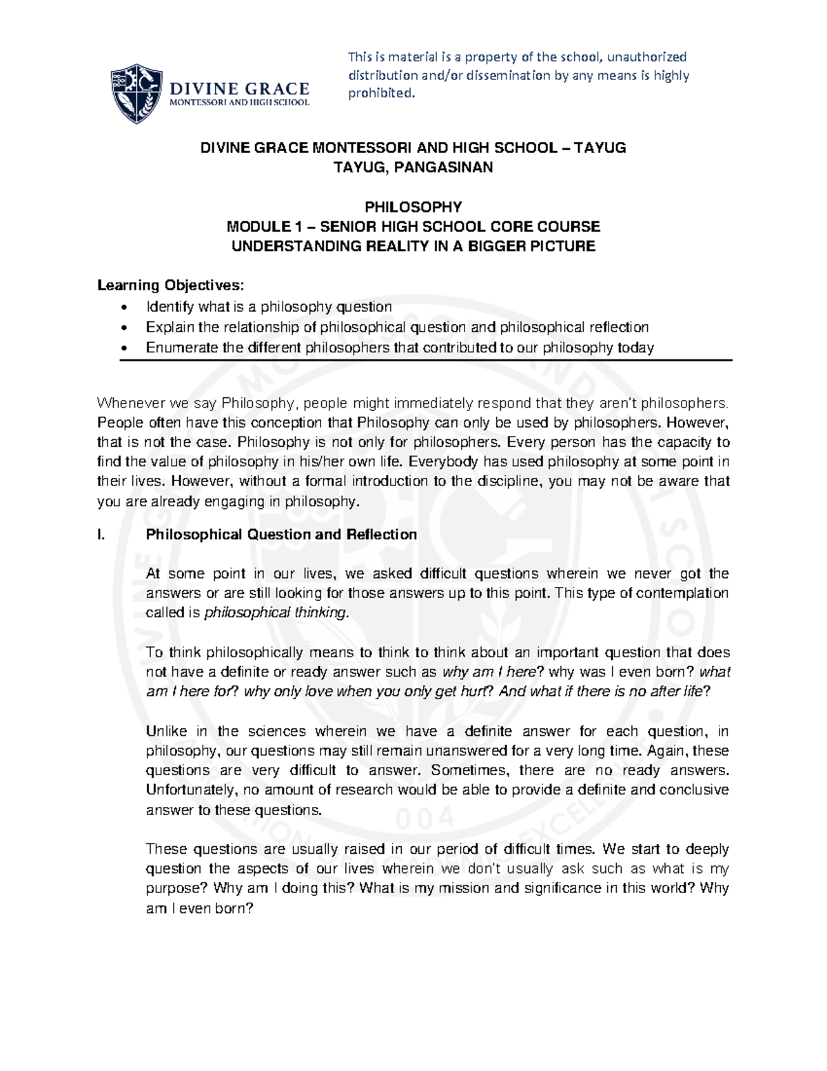 SHS Module 1 Philosophy - distribution and/or dissemination by any ...