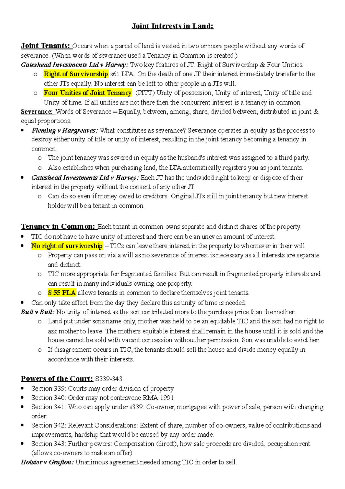 Joint Interests in Land (When words of severance used a Tenancy in