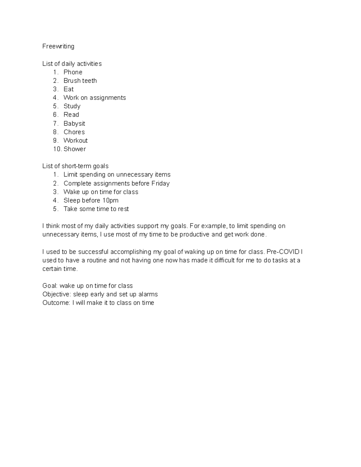 Lesson Plan Day 2 (Part 1) - Freewriting List of daily activities 1 ...