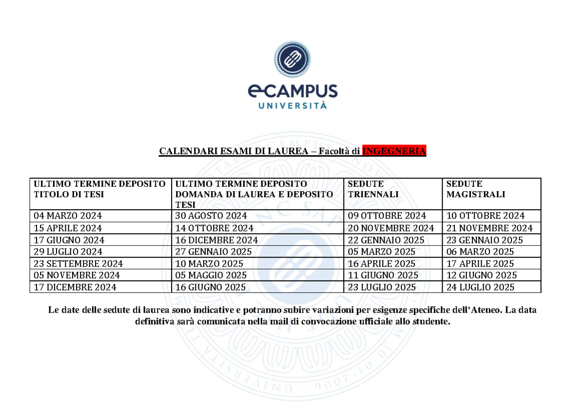 Calendari lauree 20242025 Ingegneria CALENDARI ESAMI DI LAUREA Facoltà di INGEGNERIA ULTIMO