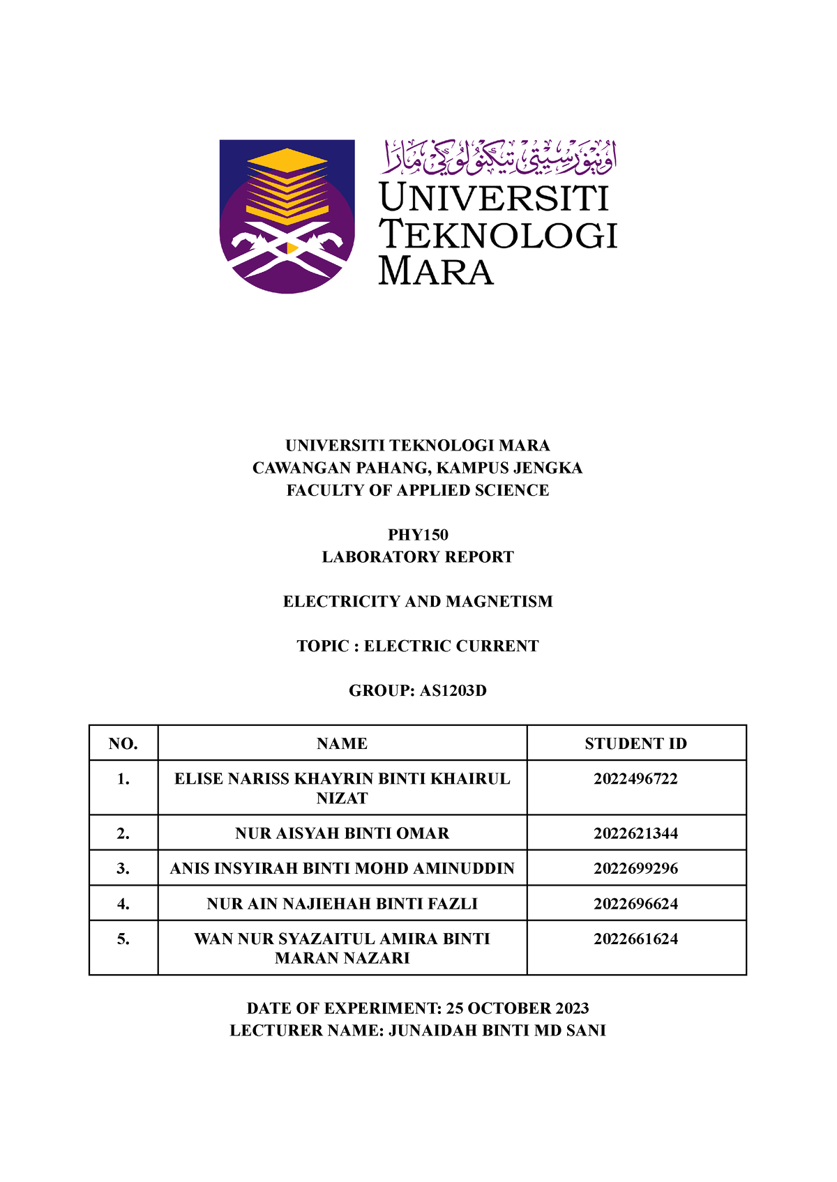 LAB Report PHY150 Experiment 2 - UNIVERSITI TEKNOLOGI MARA CAWANGAN ...