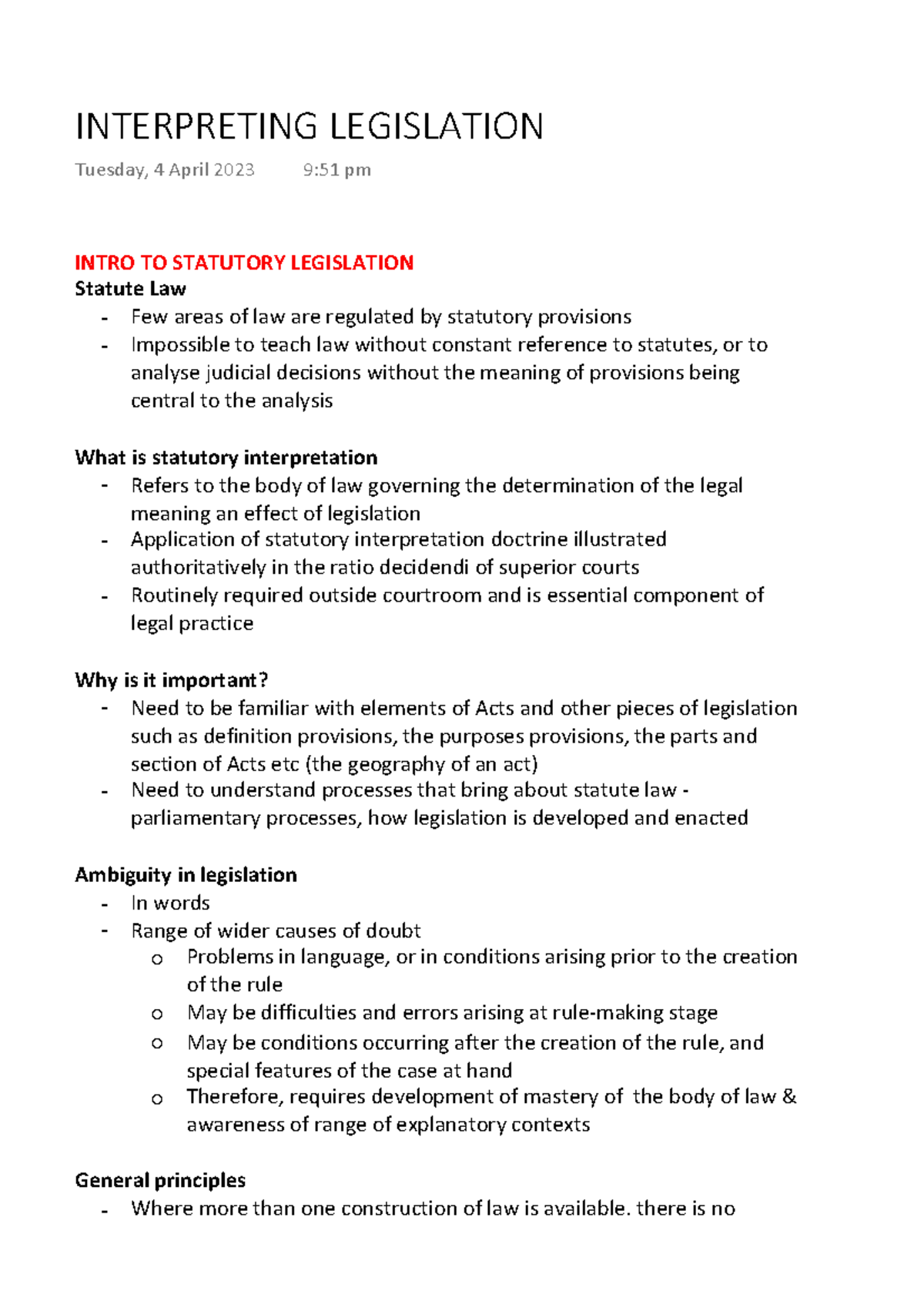 Interpreting Legislation INTRO TO STATUTORY LEGISLATION Statute Law
