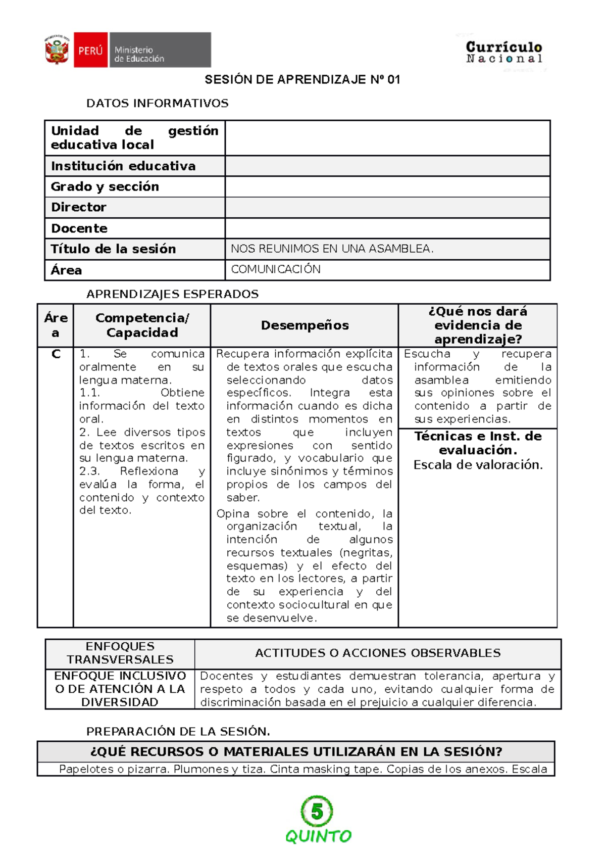 Sesion De Aprendizaje N° 01 C SesiÓn De Aprendizaje Nº 01 Datos