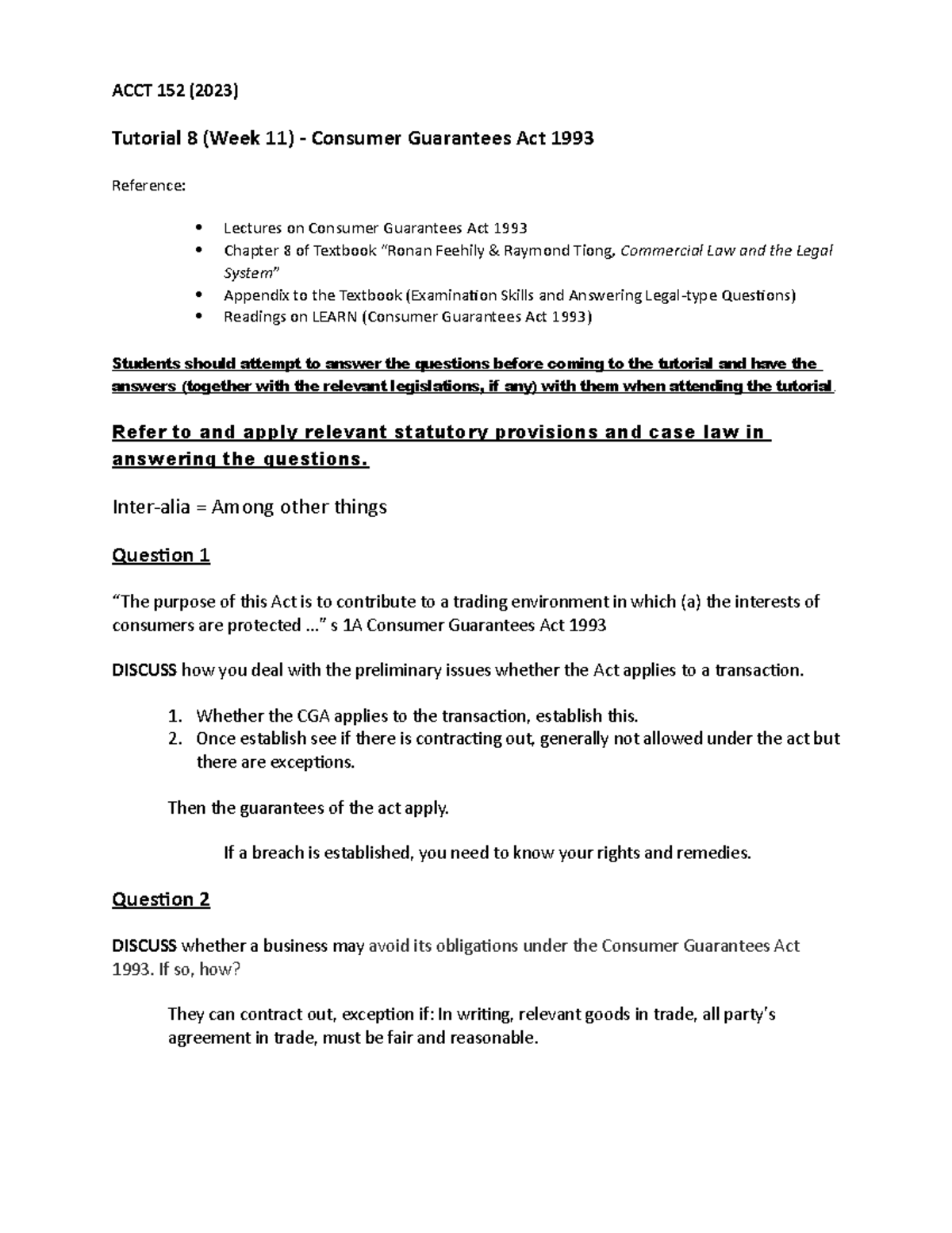 1 Tutorial 8 (Week 11) Qs Consumer Guarantees Act 1993 Qs (2023