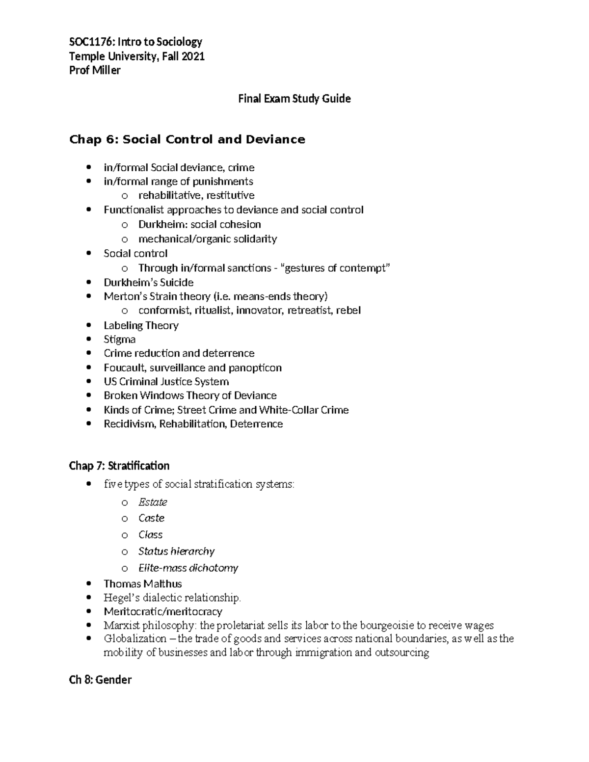 final study guide - SOC1176: Intro to Sociology Temple University, Fall ...