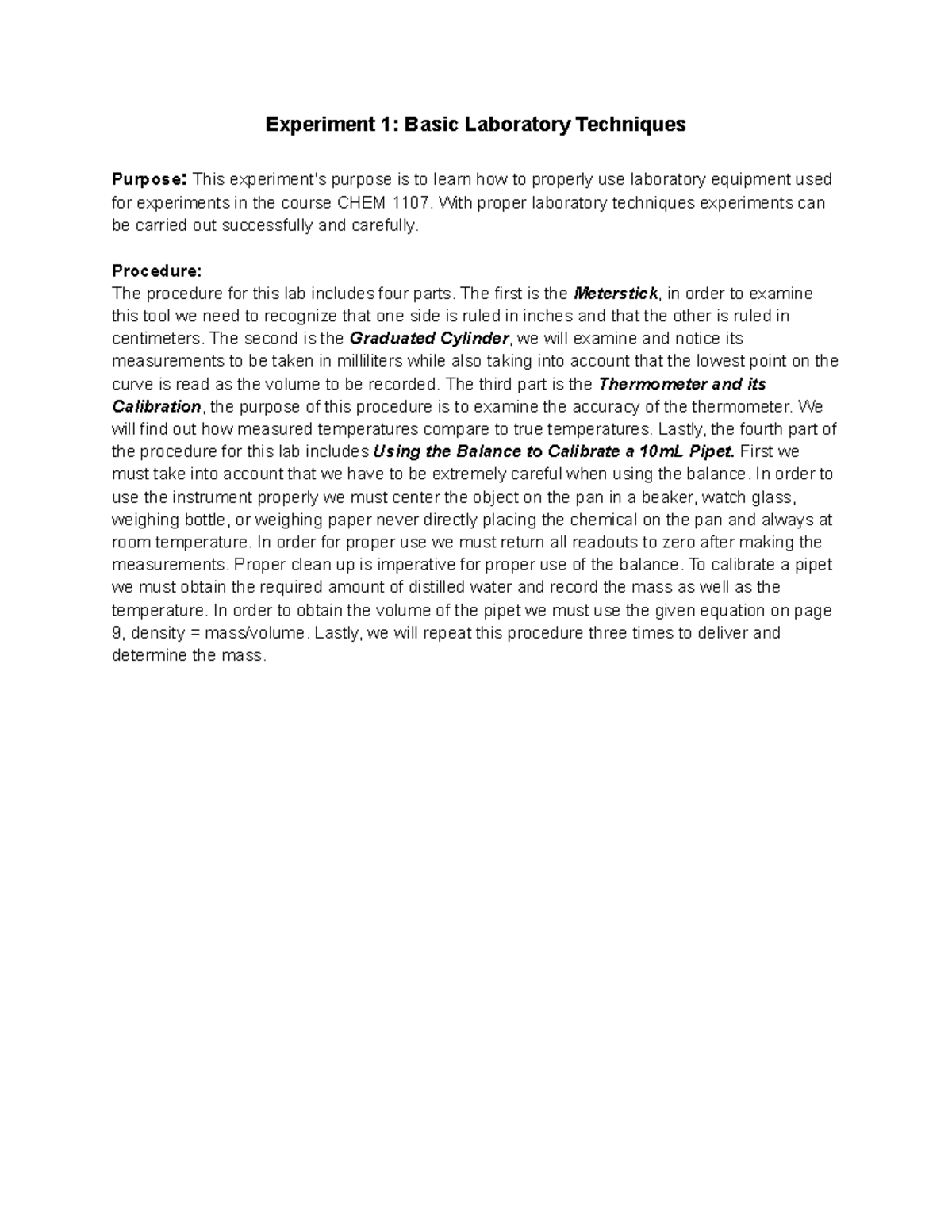 Lab Summary Experiment 1Basic Labratory Techniques Experiment 1