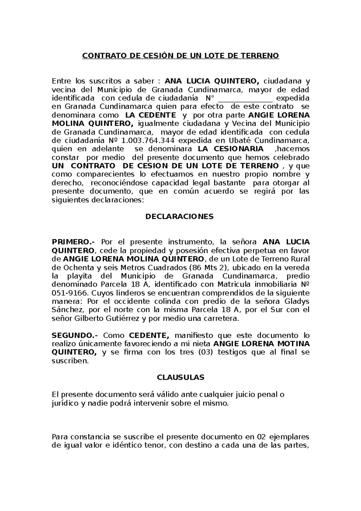 Contrato Cccc Contrato De CesiÓn De Un Lote De Terreno Entre Los Suscritos A Saber Ana 1154