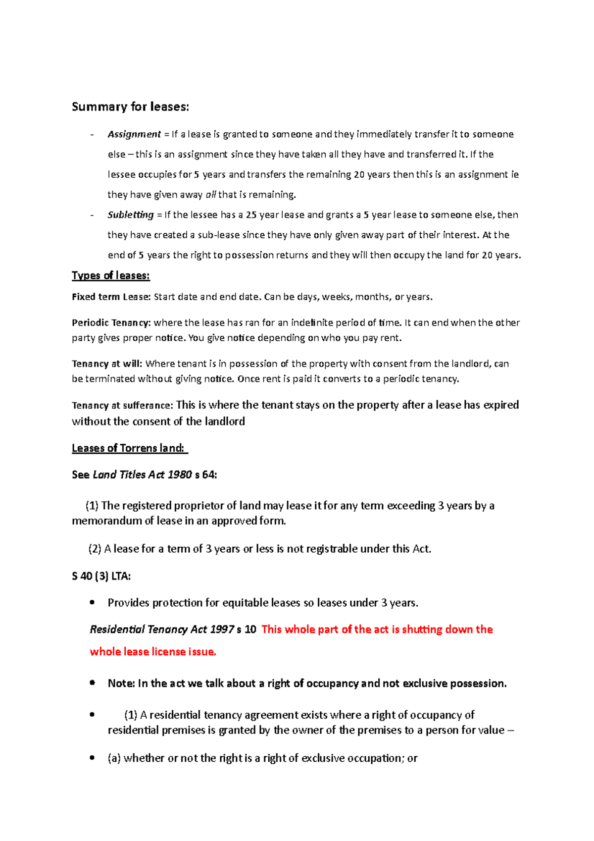Summary for leases - If the lessee occupies for 5 years and transfers ...