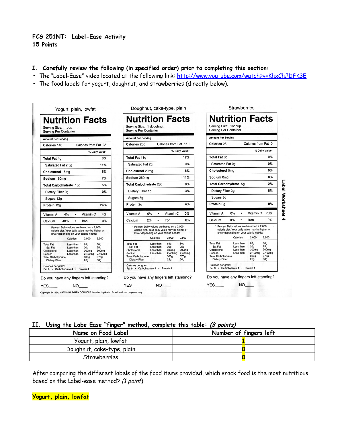 food label calculations assignment
