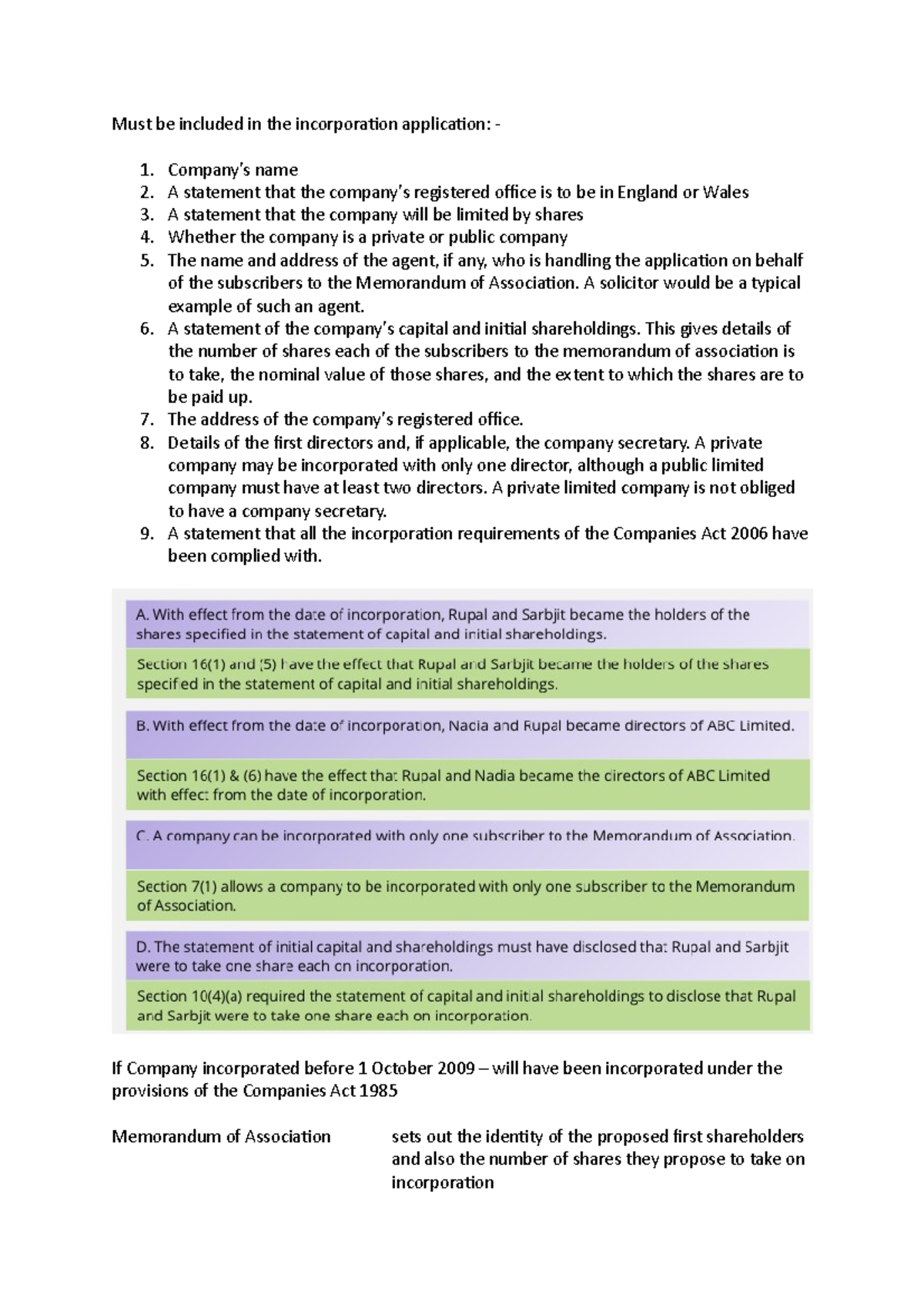 Table of relevant statute Must be included in the incorporation