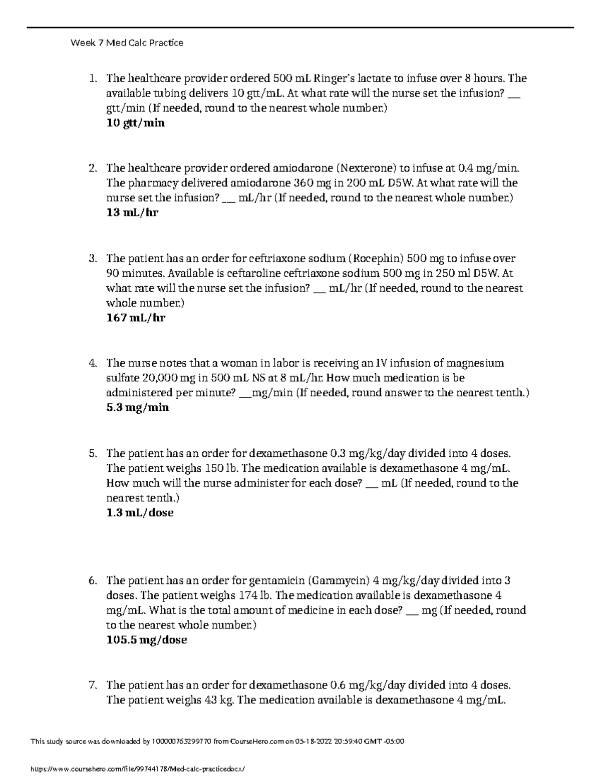 Med calc practice - Math - Week 7 Med Calc Practice The healthcare ...