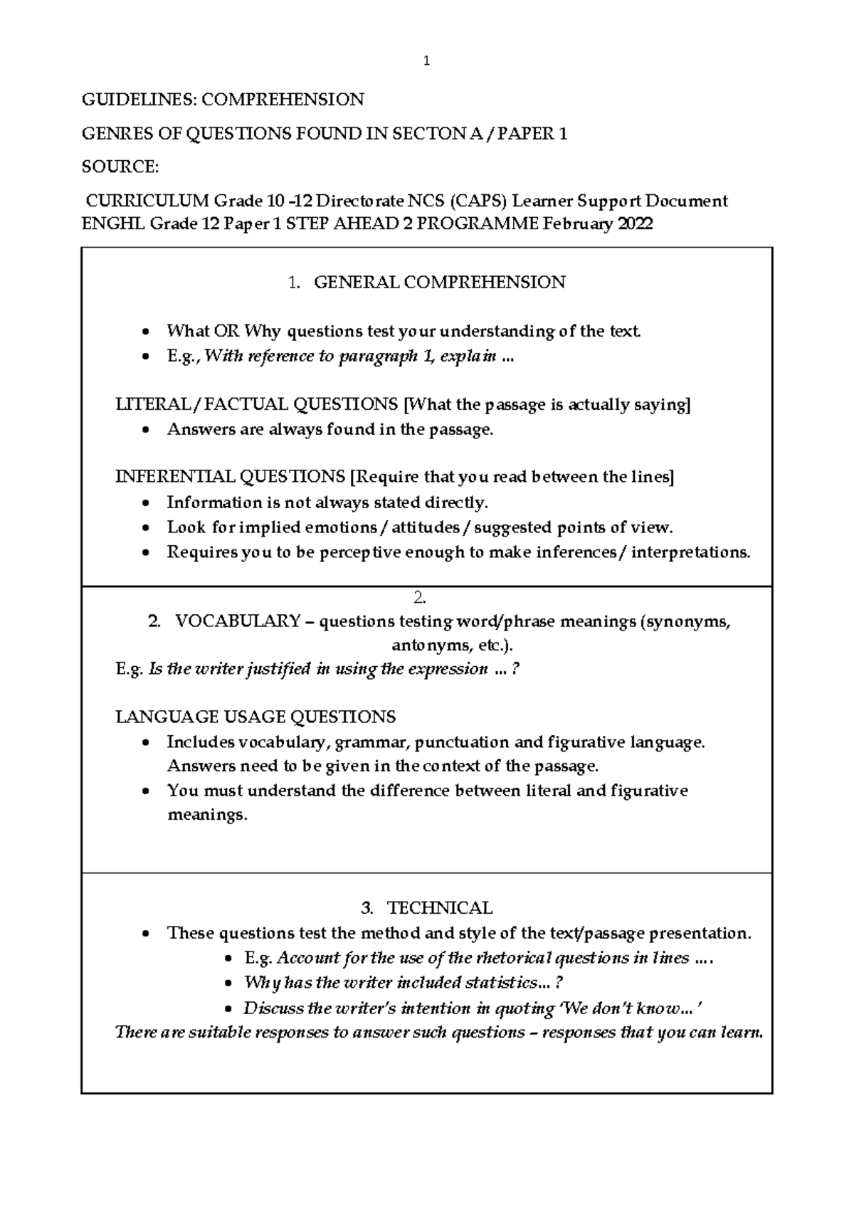 V2 Guidelines Types OF Questions Found N P1 - GUIDELINES: COMPREHENSION ...
