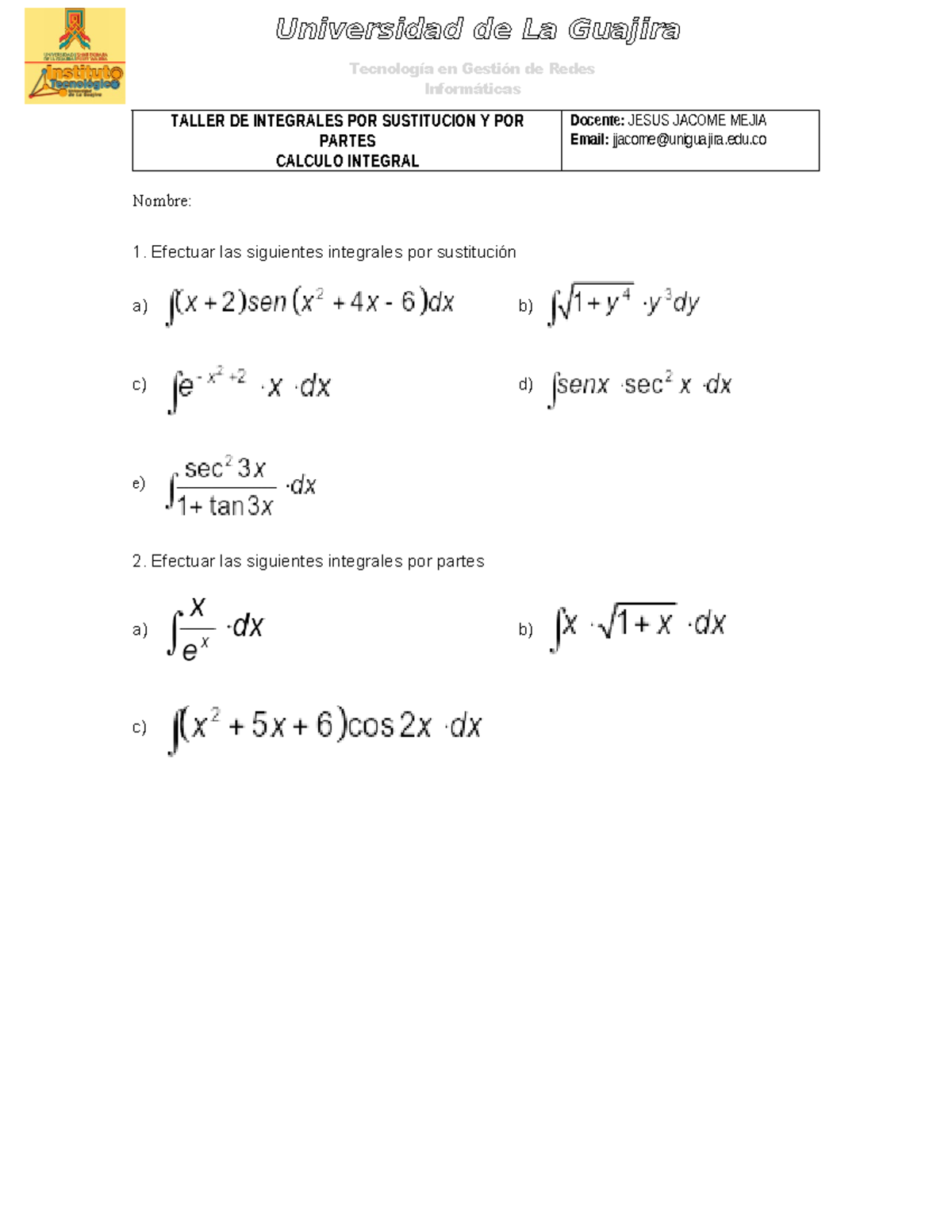 Actividad DE Integrales POR Sustitucion Y POR Partes - Fundamentos de ...