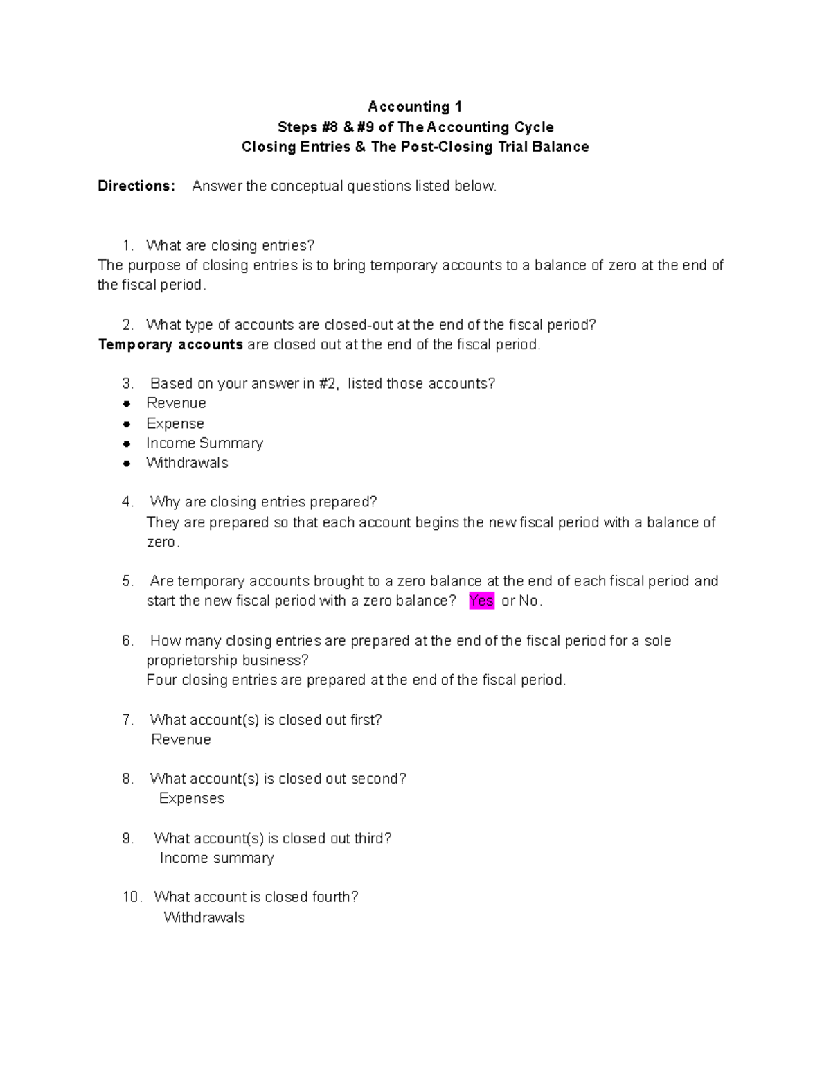 23 Chapter 10 Questions - Closing Entries - Accounting 1 Steps #8 & #9 ...