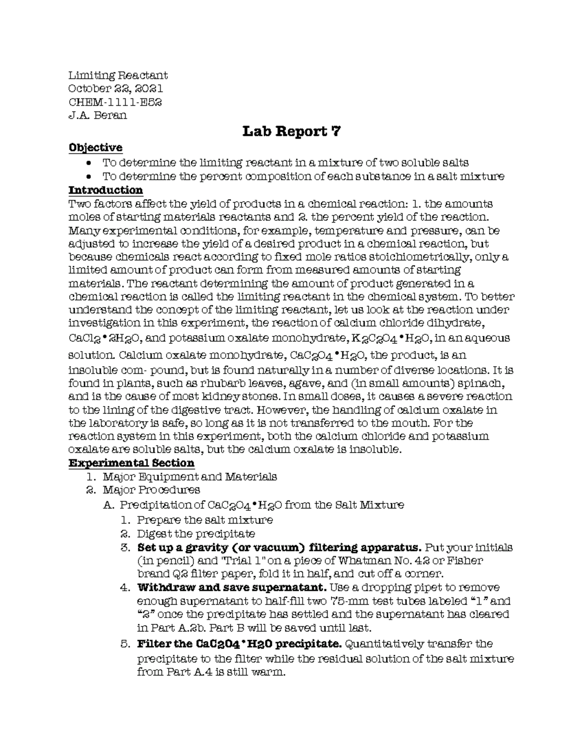 Lab Report 7. LIMITING REACTANT FULL LAB REPORT. CHEM 1412 LC Studocu