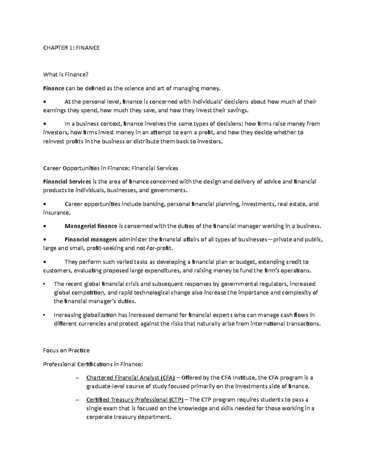 C1 Finance - CHAPTER 1: FINANCE What is Finance? Finance can be defined ...