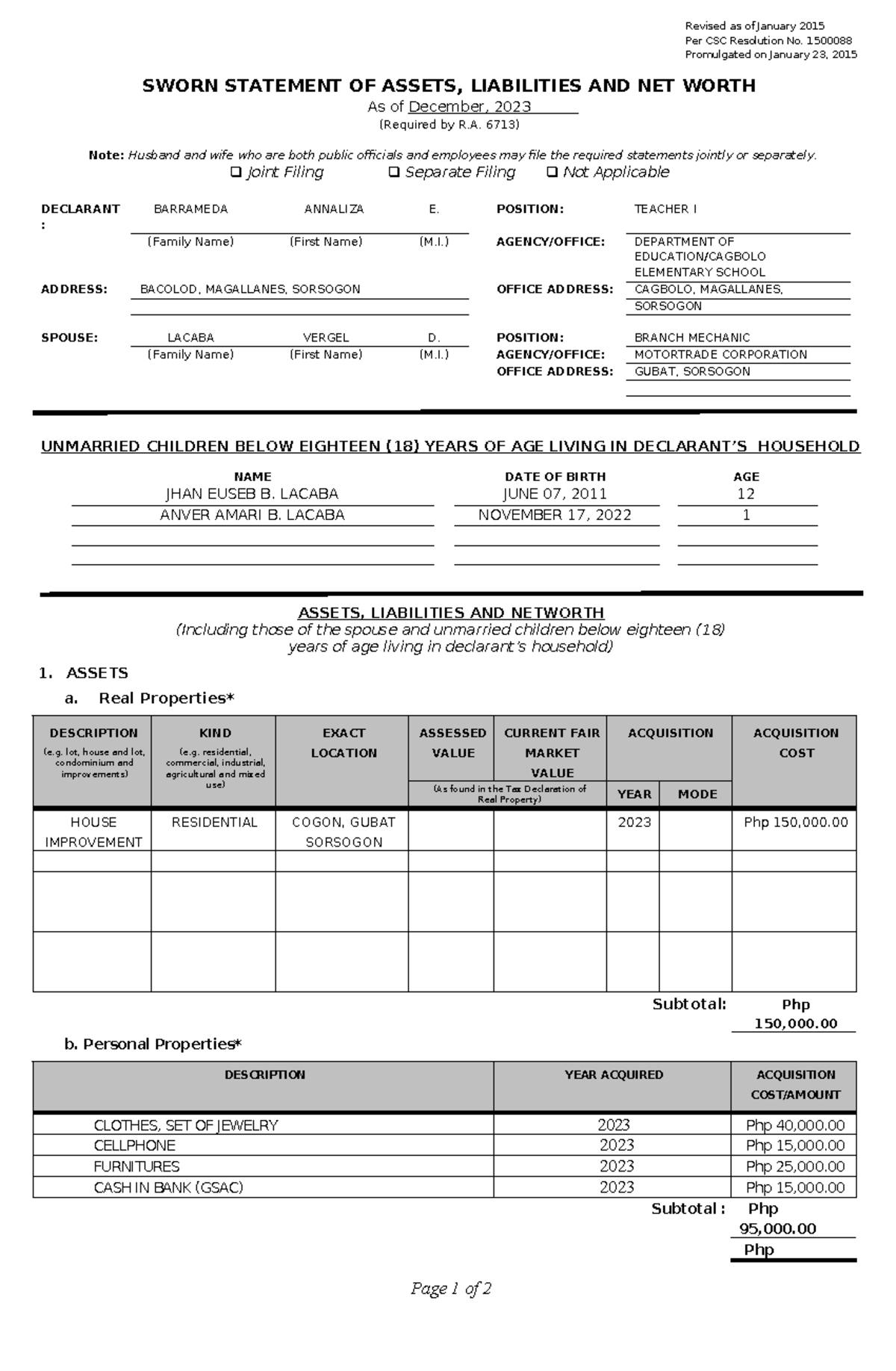 EXAMPLE OF SALN - Revised as of January 2015 Per CSC Resolution No ...