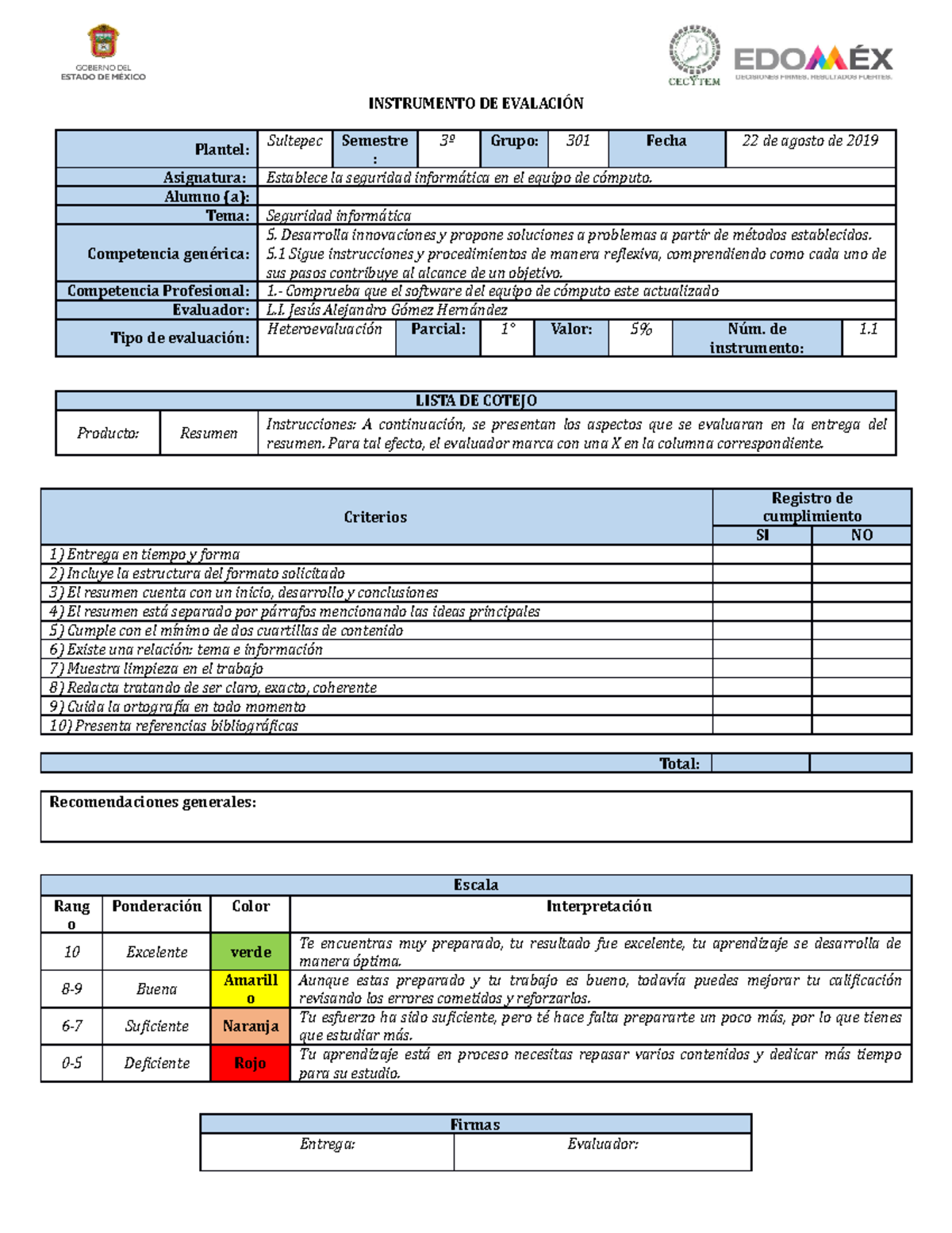 Lista De Cotejo De Un Resumen