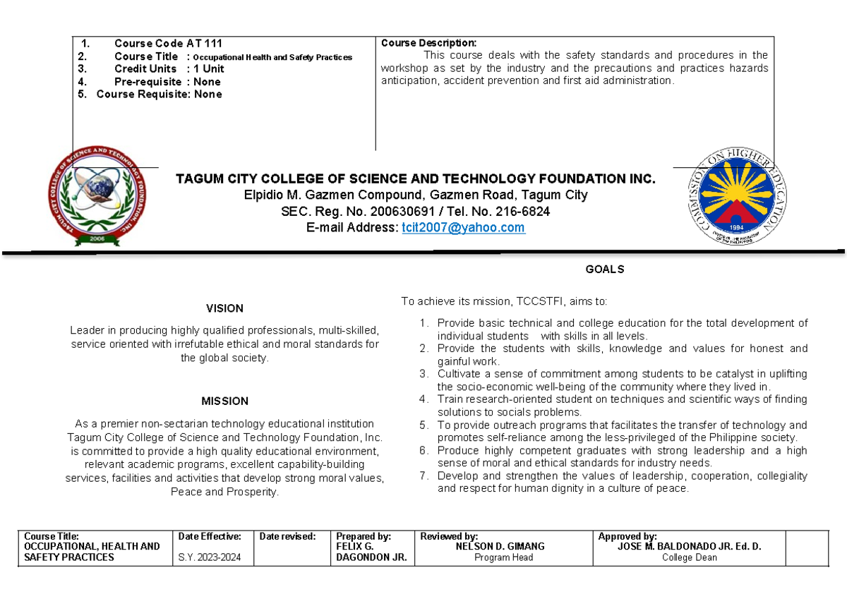 AT 111 Occupational Health and Safety Practices Syllabus 1. Course