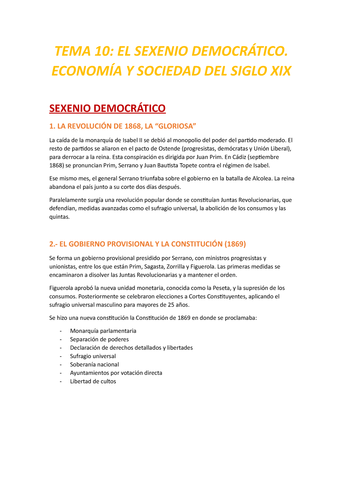 Tema 12 El Sexenio DemocrÁtico EconomÍa Y Sociedad Del Siglo Xix Tema 10 El Sexenio