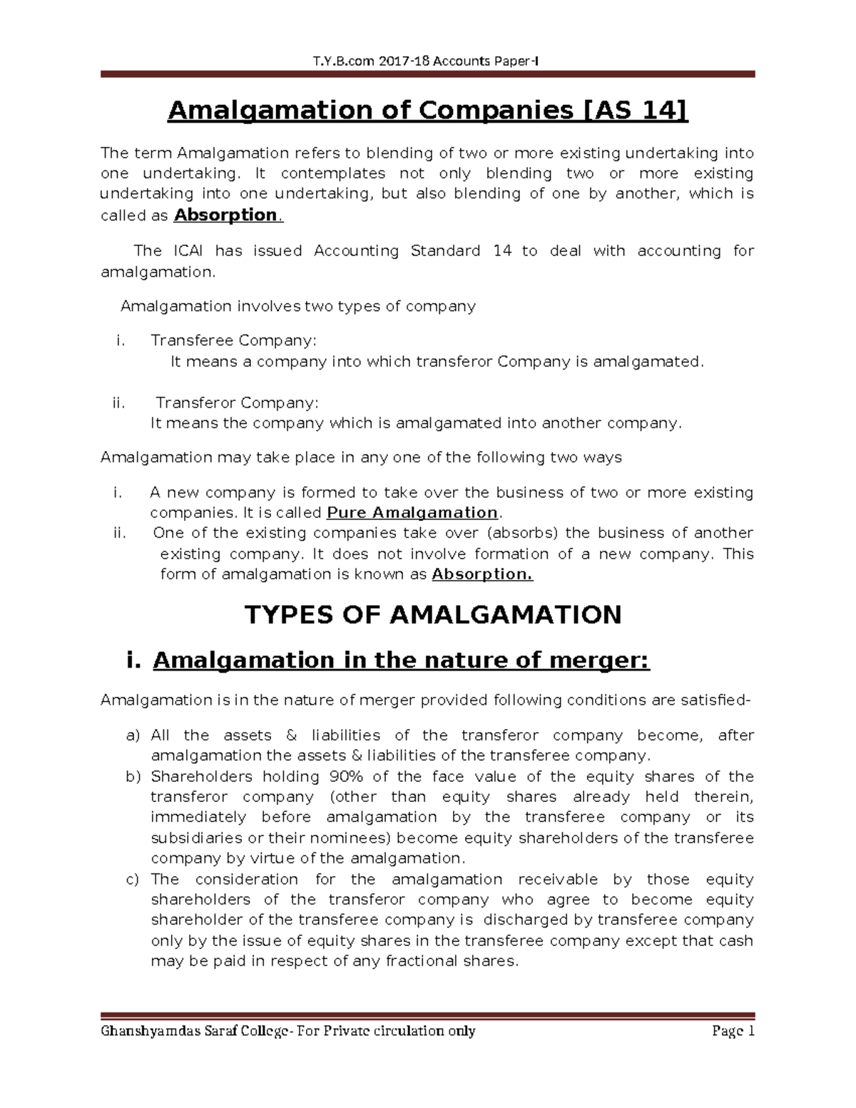 Amalgamation of Companies [AS 14