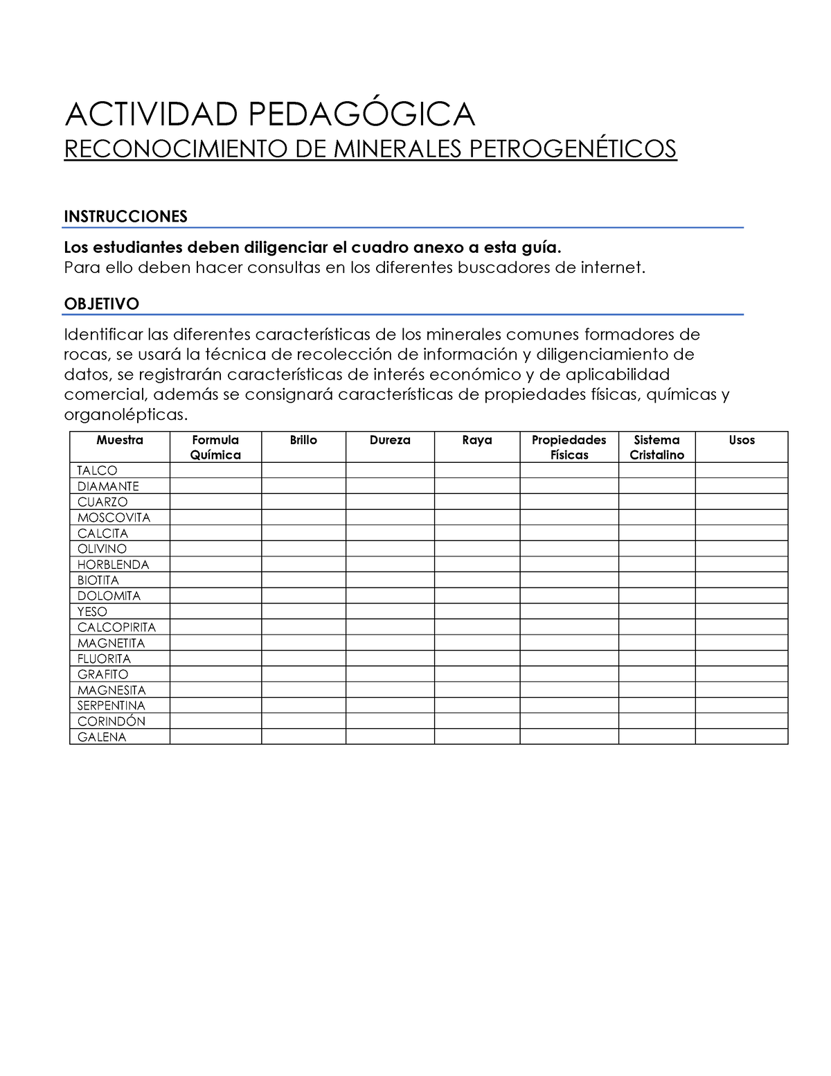 Actividad Reconocimiento De Minerales Def Actividad PedagÓgica Reconocimiento De Minerales 9990