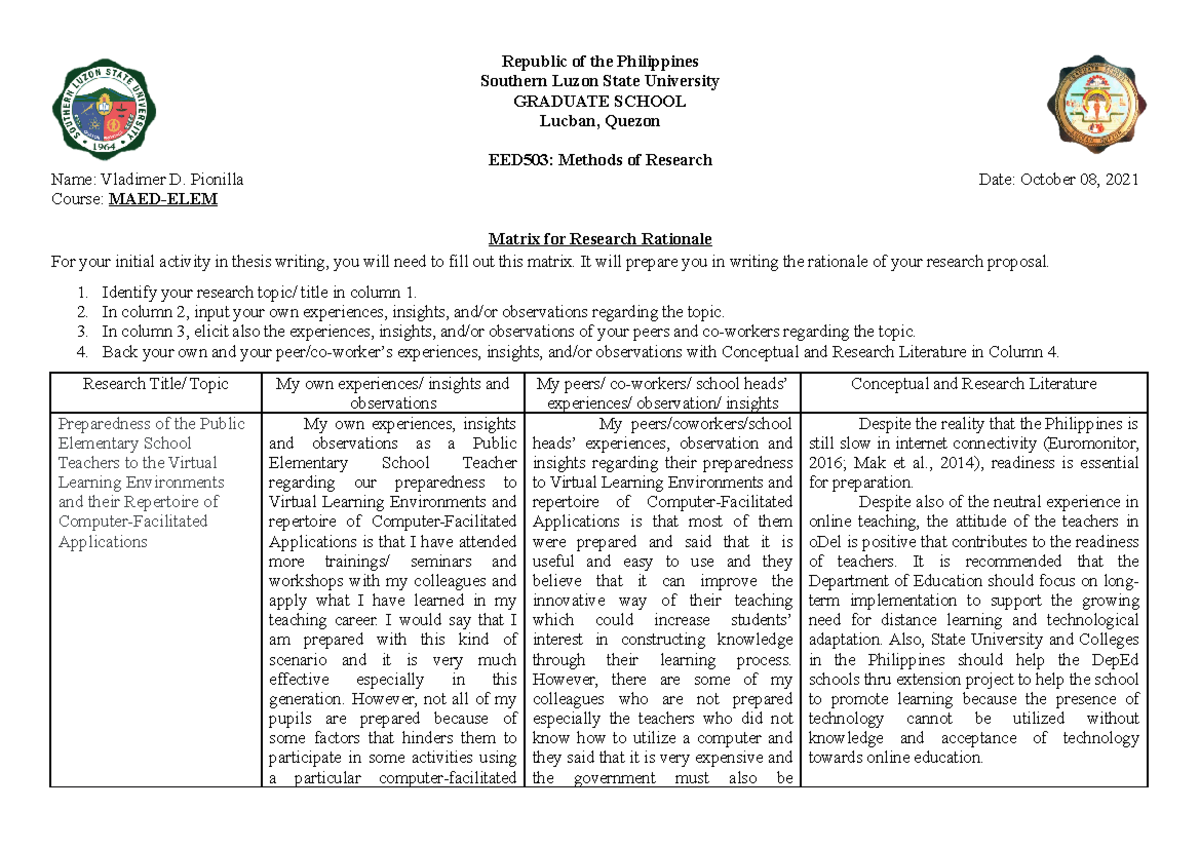 EED-503 Matrix FOR Research Rationale - General Education - Studocu