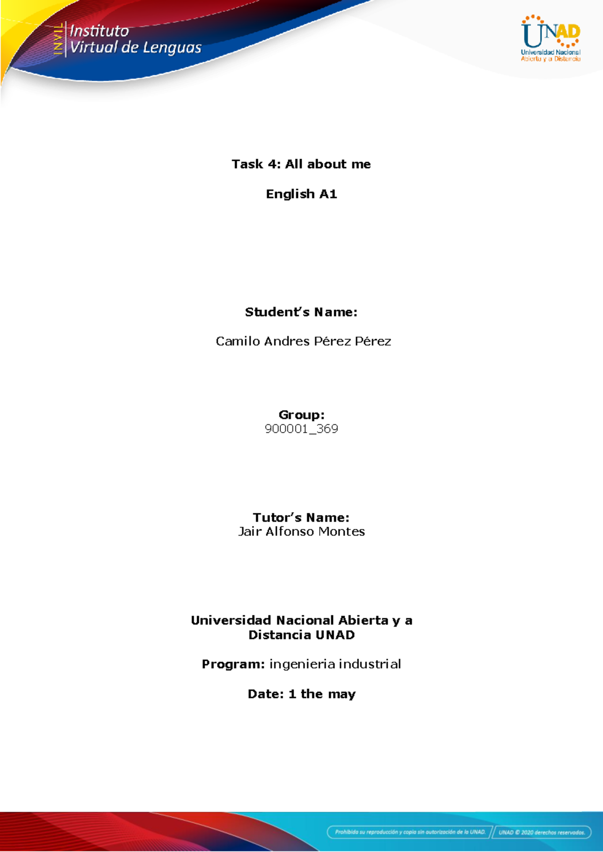 Task 4 - ninguna - Task 4: All about me English A Student's Name ...