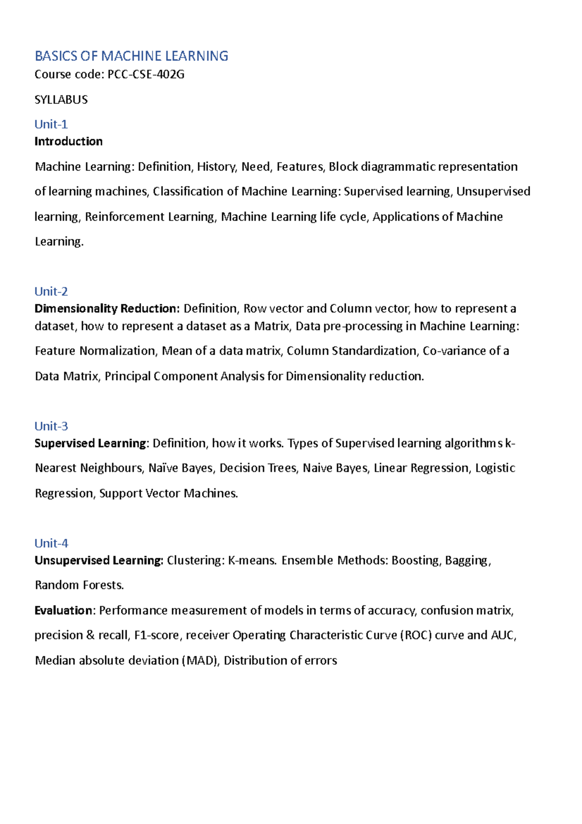 Basics OF Machine Learning - BASICS OF MACHINE LEARNING Course code ...