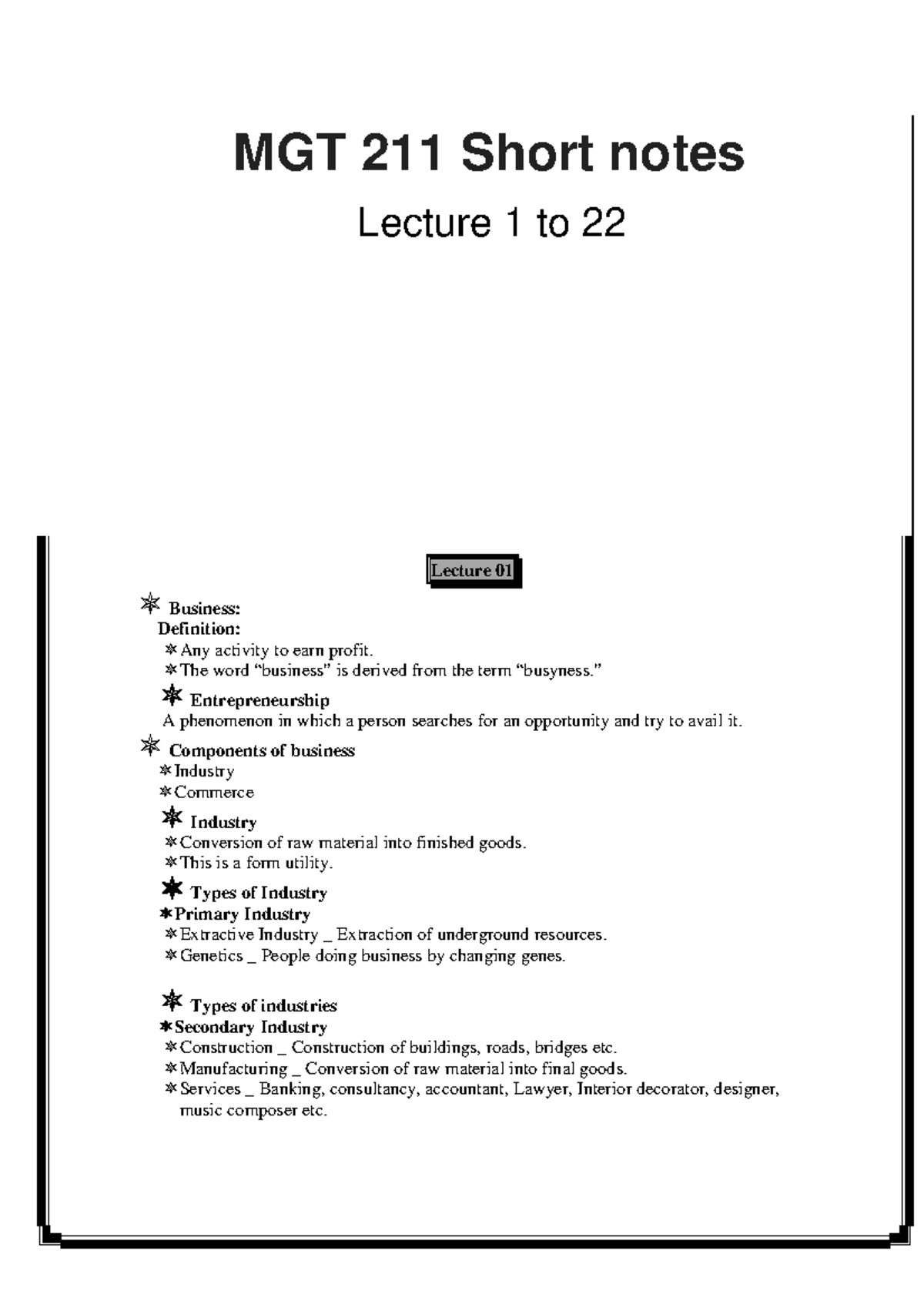 MGT211 Lecture Wise Short Notes For Midterm Preparation - - Studocu