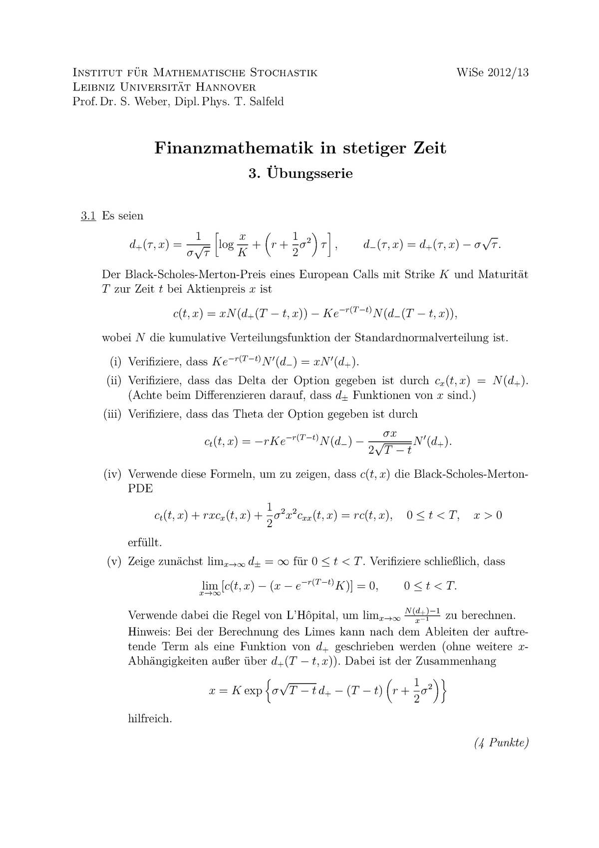 Finanzmathematik In Stetiger Zeit Weber 13 Hausuebung 3 Studocu