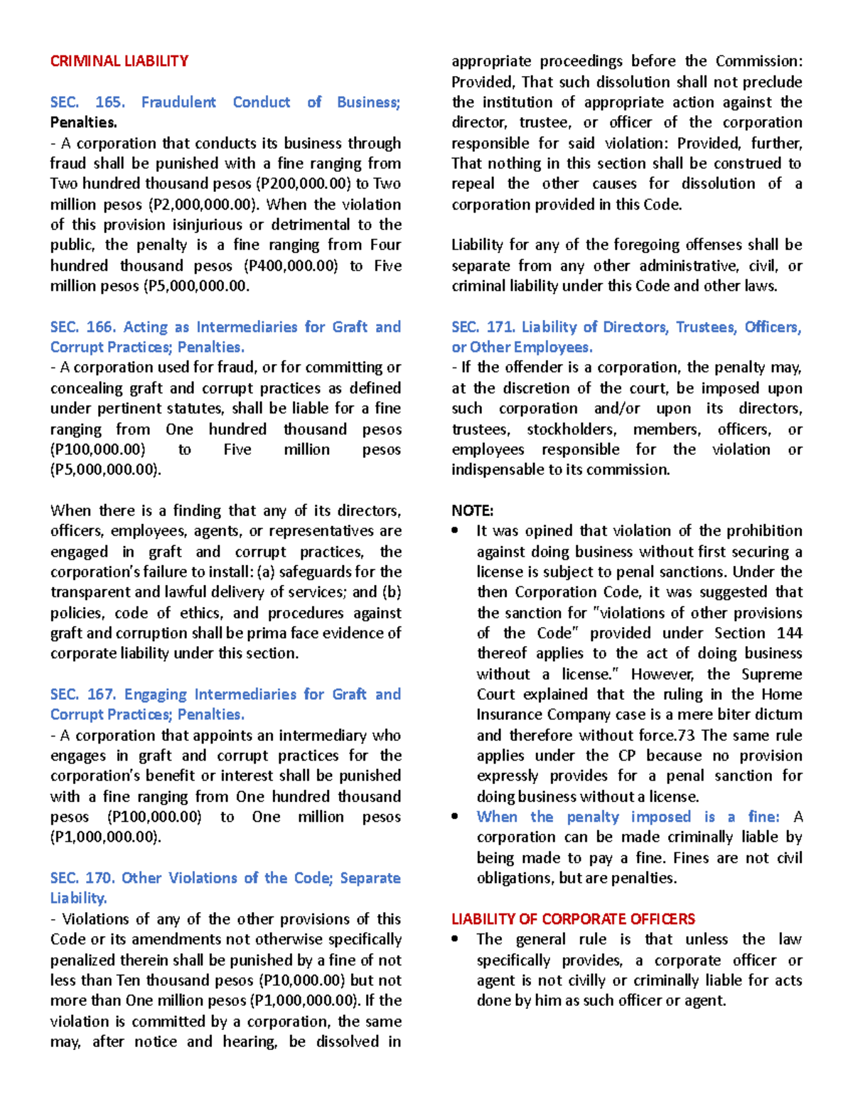 MT Corpo 3 - Mod 3 notes - CRIMINAL LIABILITY SEC. 165. Fraudulent ...