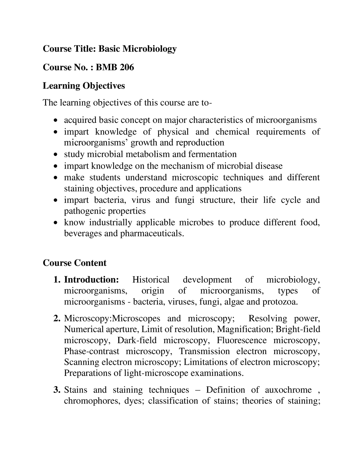 Microbiology - Course Title: Basic Microbiology Course No. : BMB 206 ...