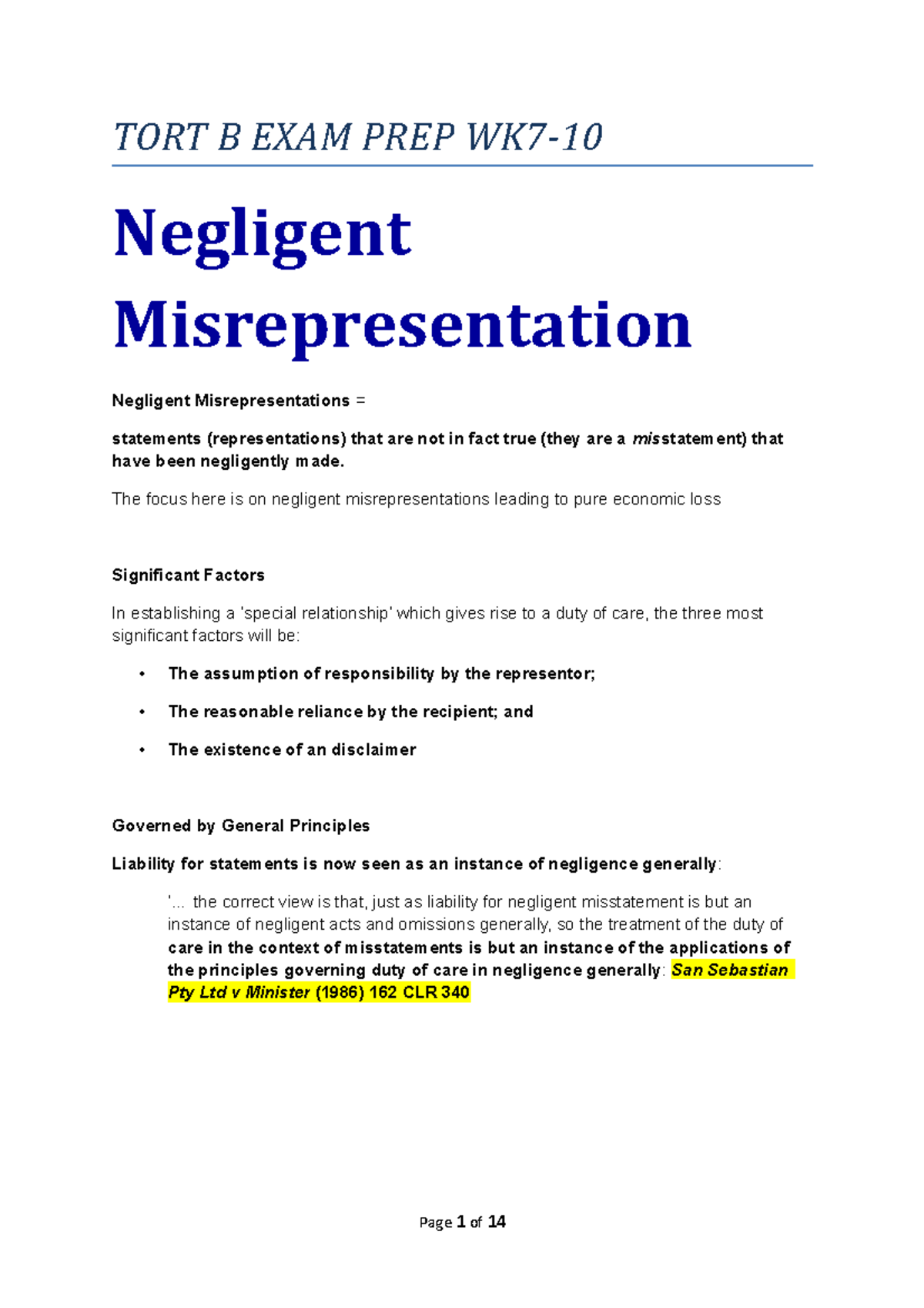 Negligent Misrepresentation - TORT B EXAM PREP WK7- Negligent ...